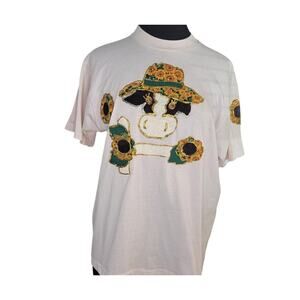 VTG 90s Fruit of the Loom Cow Sunflower Tee Pink L USA Made Single Stitch GVC